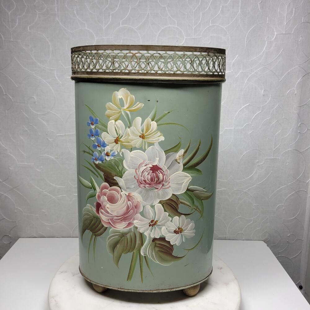 Vintage Plymouth Tole Hand Painted Umbrella Stand Metal Toleware Ball Footed